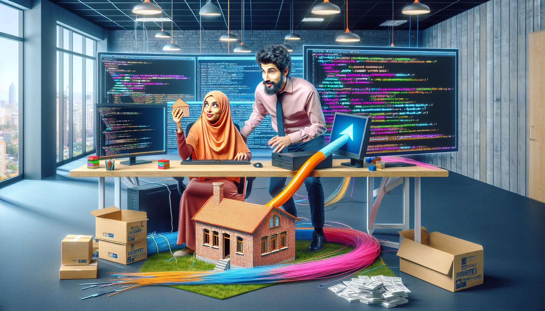 Create an imaginative scenario: A Middle-Eastern woman and a Caucasian man, both programmers, are building the quintessential real estate website. They hustle and bustle in a brightly lit office space surrounded by monitors displaying colorful coding. In a humorous twist, a physical brick house is being 'uploaded' into their system through a funnel connected to the desktop. Optical fiber cables strewn around reflect the enthralling feel of a makeshift construction zone. Behind them, a sign reads 'Real Estate Web Builders – where Infrastructure meets the Internet!'. The office backdrop symbolizes high-speed web hosting.