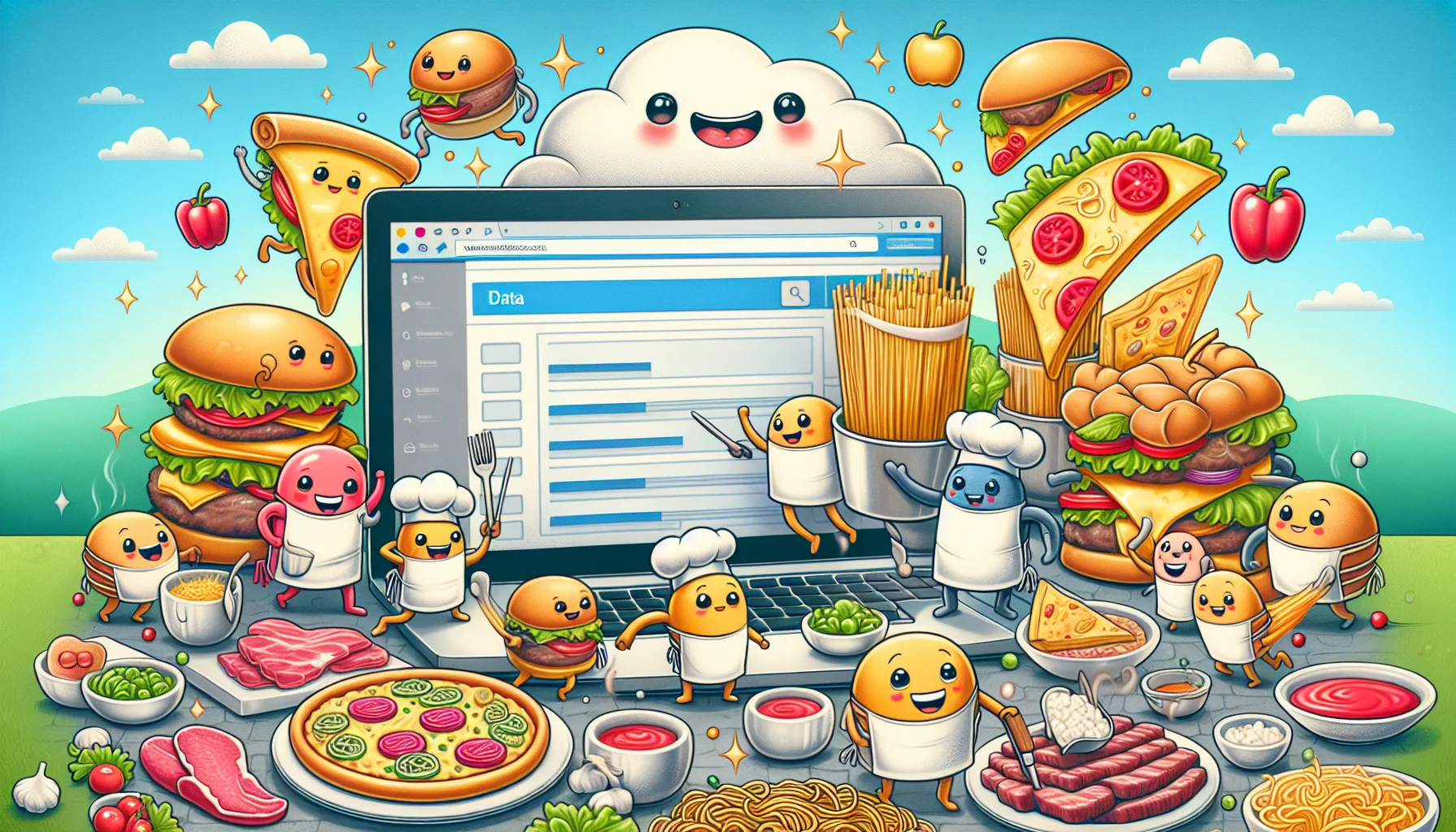 Create a fun and lighthearted scene that represents the best website builder for restaurants. In this image, depict assorted food items (like pizzas, burgers, noodles, and steaks) cheerfully working in unison to build a webpage structure. The food items can be anthropomorphized, meaning they have human features like arms, faces, and legs. To showcase web hosting, visualize data as flowing rivers or sparkling stars being carefully collected by a large, friendly-looking cloud. Add an environment that resembles a bustling kitchen to keep the restaurant theme. Ensure the overall image is enticing and stimulates humor.