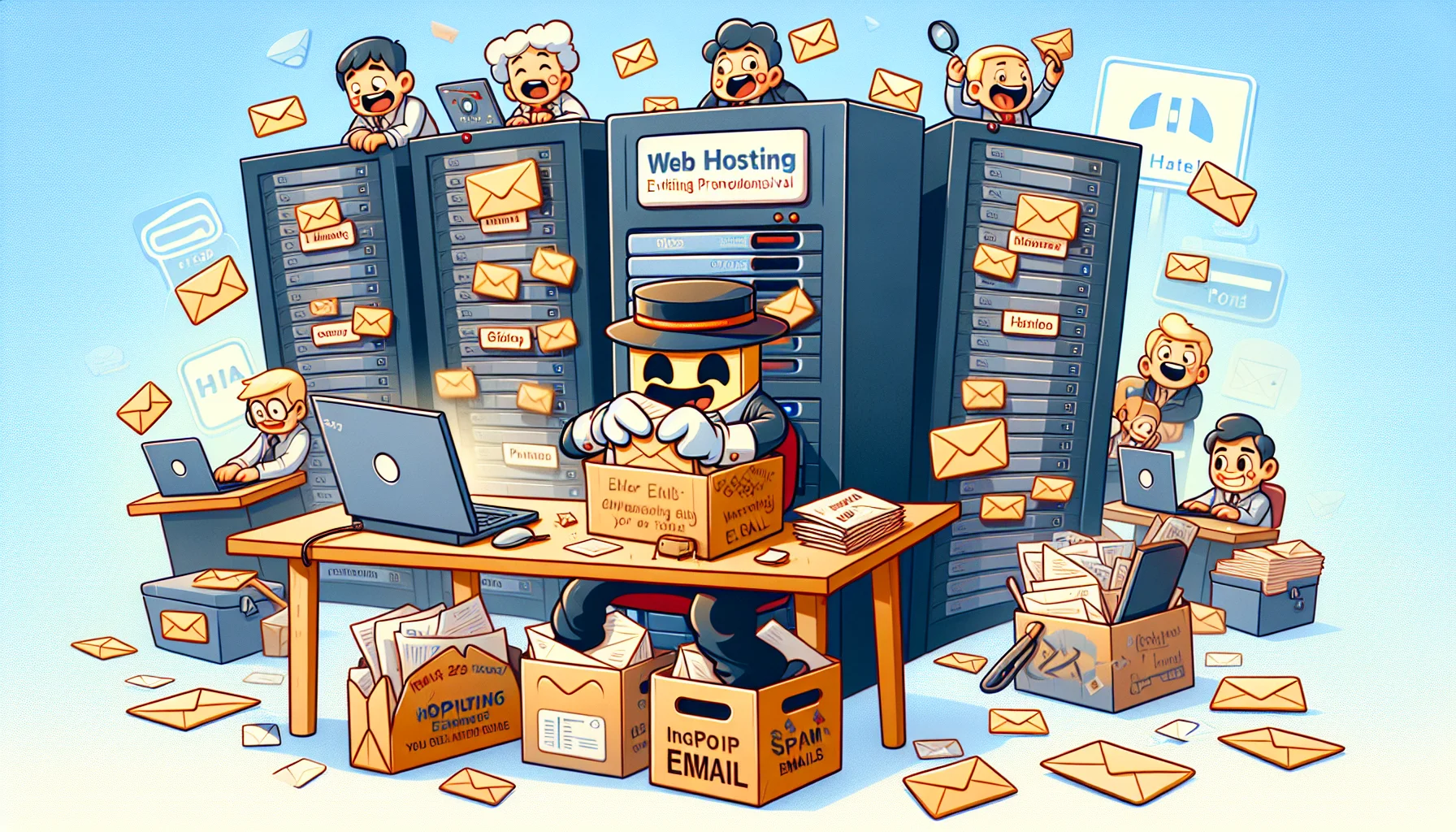 Illustrate a humorous scene related to web hosting with a focus on cPanel email. Consider featuring a virtual office setting, where cartoonish computer servers are working like office employees, managing and organizing emails. Each server has a different personality and emotion, reflecting the nature of their email tasks. Some are happy and enthusiast, dealing with inviting promotional emails while others appear overwhelmed with the influx of spam emails. The key image is of a server dressed humorously as a postmaster, with a hat and a bag, sifting carefully through a pile of digital envelopes. The background shows logos related to web hosting but no specific brands.