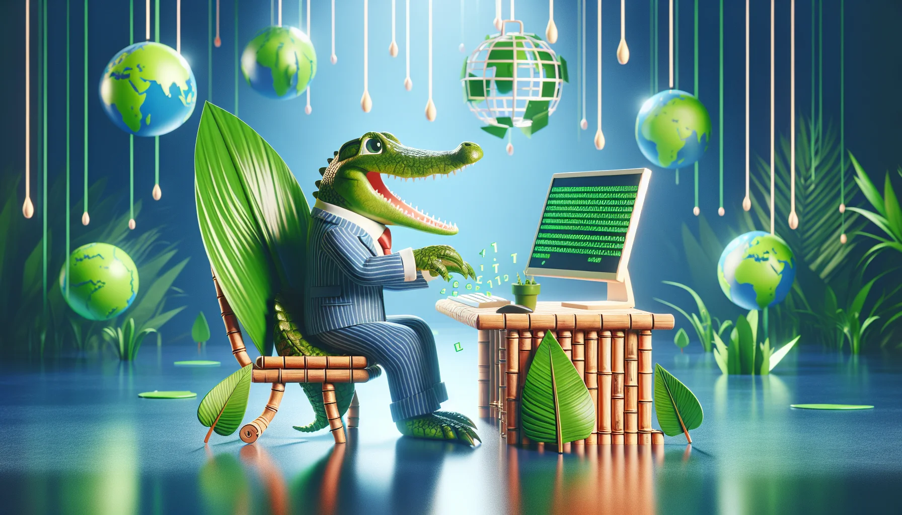 Compose a playful and attractive scenario featuring a playful crocodile, symbolizing an online website builder. This image should be set in the heart of a vibrant digital jungle, within a virtual office made from tropical foliage. The crocodile is sitting at a bright bamboo desk, wearing a business suit, and typing enthusiastically on a leaf-shaped keyboard - a subtle nod to eco-friendliness. The computer screen is showing lines of green binary coding forming the outline of a website. In the background, rotating 3D models of globes and websites are floating around, representing various available web hosting services.