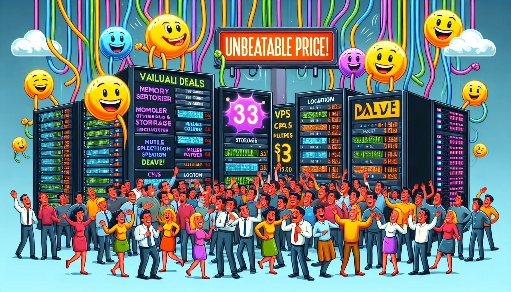 In a playful and amusing scene, depict a group of diverse, joyous people excitedly exploring value deals and packages of a hypothetical virtual private server (VPS) hosting service. Include reference to a variety of nominal features: diverse memory and storage tiers, multiple CPUS, and location-specific pricing options. In the background, visualise data centres buzzing with activity, colorful network cables navigating like veins, and servers as cartoonish smiling characters, emitting positive pulsating lights. Place a luminous billboard in the tableau showing 'Unbeatable Price!' translating the enticing web hosting scenario.