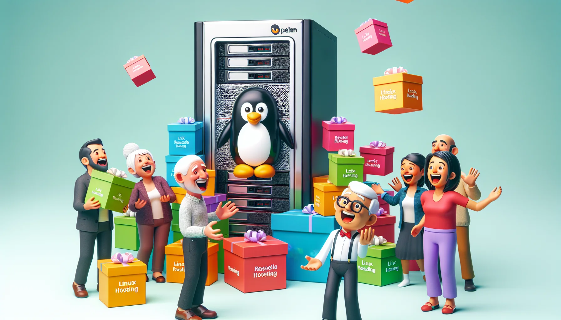 Create a playful and realistic image of a bustling virtual marketplace. In the center, a cheerful server, identifiable by its shiny case with a penguin logo, is juggling multiple colorful boxes. Each box is labeled with different features of 'Linux Reseller Hosting'. Browsers represented as diverse individuals - an elderly Caucasian man, a young South Asian woman - are laughing, their eyes wide with curiosity. Some of them are reaching out their hands to catch a box. The atmosphere is lively and inviting, perfect for attracting potential web hosting enthusiasts.