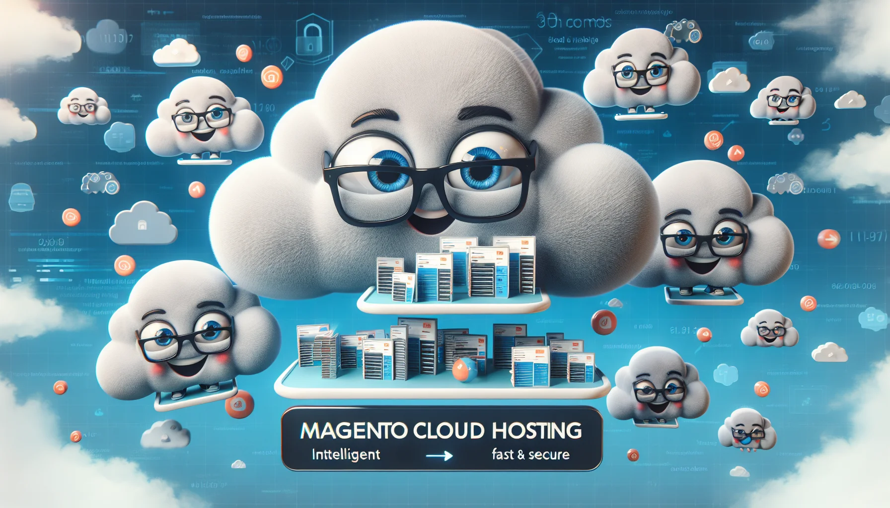 Create a comedic and appealing image of cloud hosting represented by fluffy, white and gray clouds with faces, carrying tiny websites on soft blue bubble-like trays. The main cloud, larger than the others, has glasses and a smile, expressing the intelligent handling of the websites. The clouds are floating amidst a digital sky background, filled with iconic symbols of speed, security, and stability. The bottom portion of the image should display the words 'Magento Cloud Hosting: Intelligent, Fast & Secure' in bold, stylish yet easily readable font.
