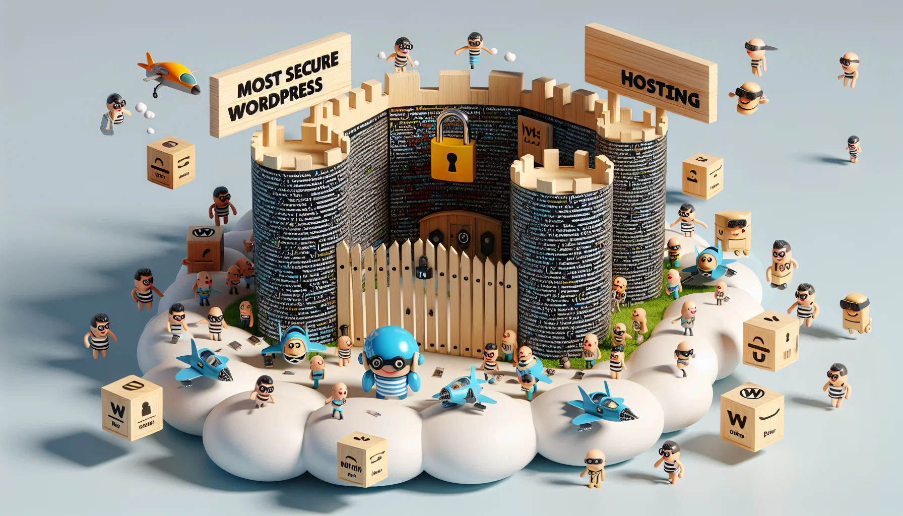 Imagine a humorous scene for most secure WordPress hosting. It's a secure fortress with thick walls made of coding scripts, standing tall on a cloud platform, symbolizing an online server. The gates are sturdy padlocks, representing robust security measures. Floating around, there are multiple miniature funny characters representing different web-hosting features, like speedy turbo jets symbolizing fast load times, and mini robots performing maintenance work. Additionally, there are huddled together smiling figures, depicting a support team ready to help. This scene should create an enticing and engaging view of web hosting.