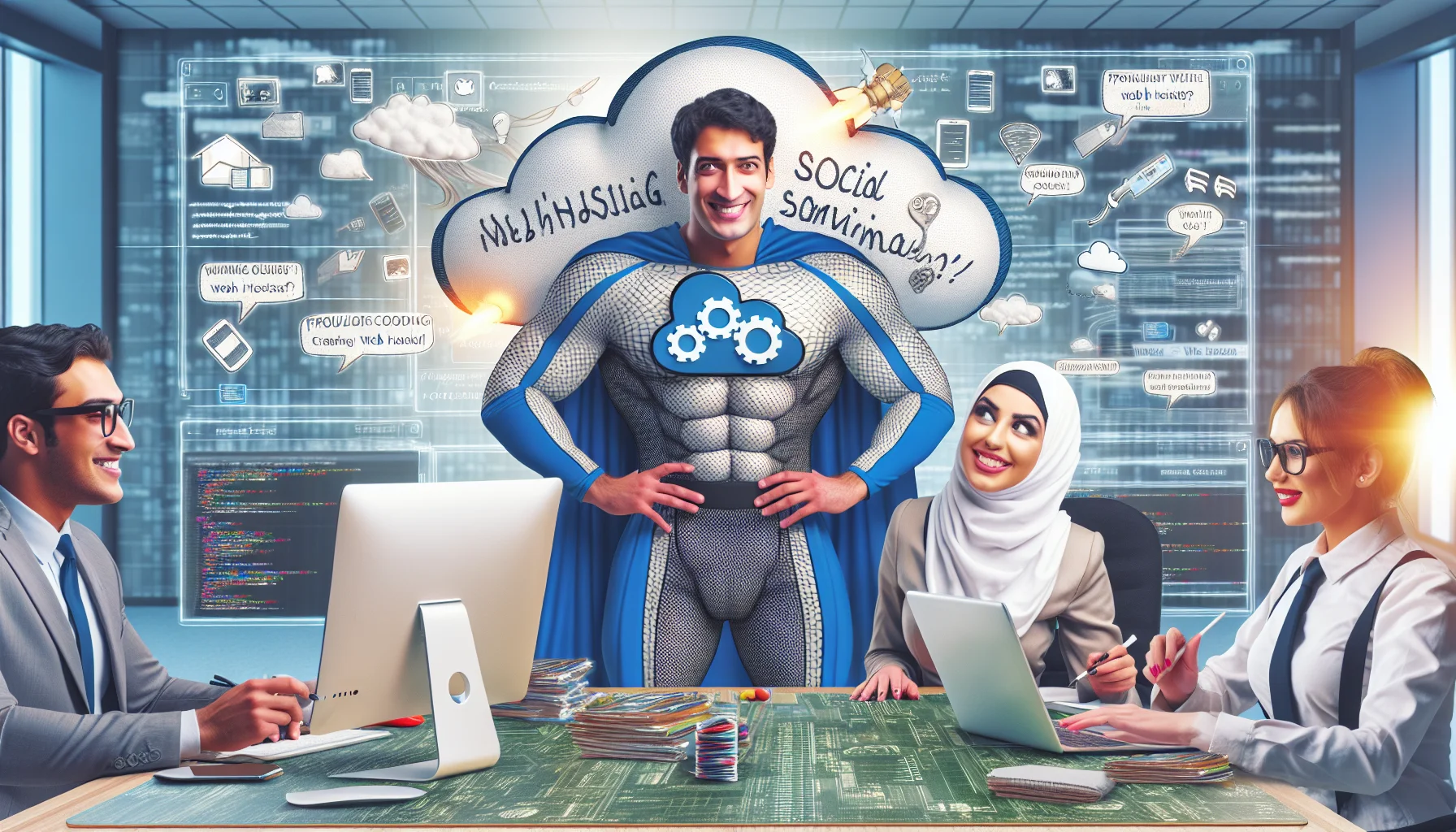 Create a detailed and humorous image of a Middle-Eastern female and a Caucasian male website builder, both with confident smiles, engrossed in creating a social media website. The room around them is filled with snippets of code floating in the air, and a gigantic, superhero-like website mascot detailing enticing attributes of web hosting. The mascot, comically dressed in a 'cloud' costume, is displaying popular web hosting icons on his elaborate cloud cape. Everything is set in a light-hearted, semi-futuristic office environment with computers, tablets, and futuristic holographic screens all around.