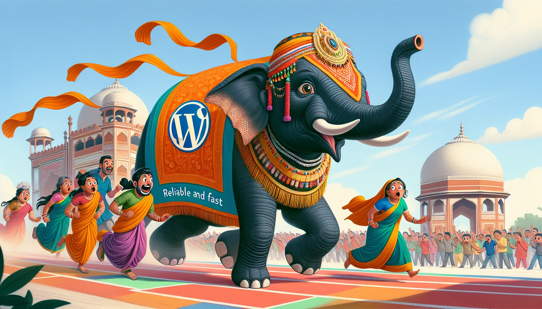 Create a lighthearted and engaging scene set in India, showcasing an imaginative personification of Wordpress hosting. Picture it as a reliable and fast elephant, with the logo on its side, draped in beautiful traditional Indian fabric. It's in a race with other animals embodying other types of web hosting. The elephant confidently strides ahead, as surprised onlookers—a South Asian male and Middle-Eastern female web developers—cheer it on. The setting is an expansive, colorful digital landscape, symbolizing the internet, with iconic Indian architecture in the background.