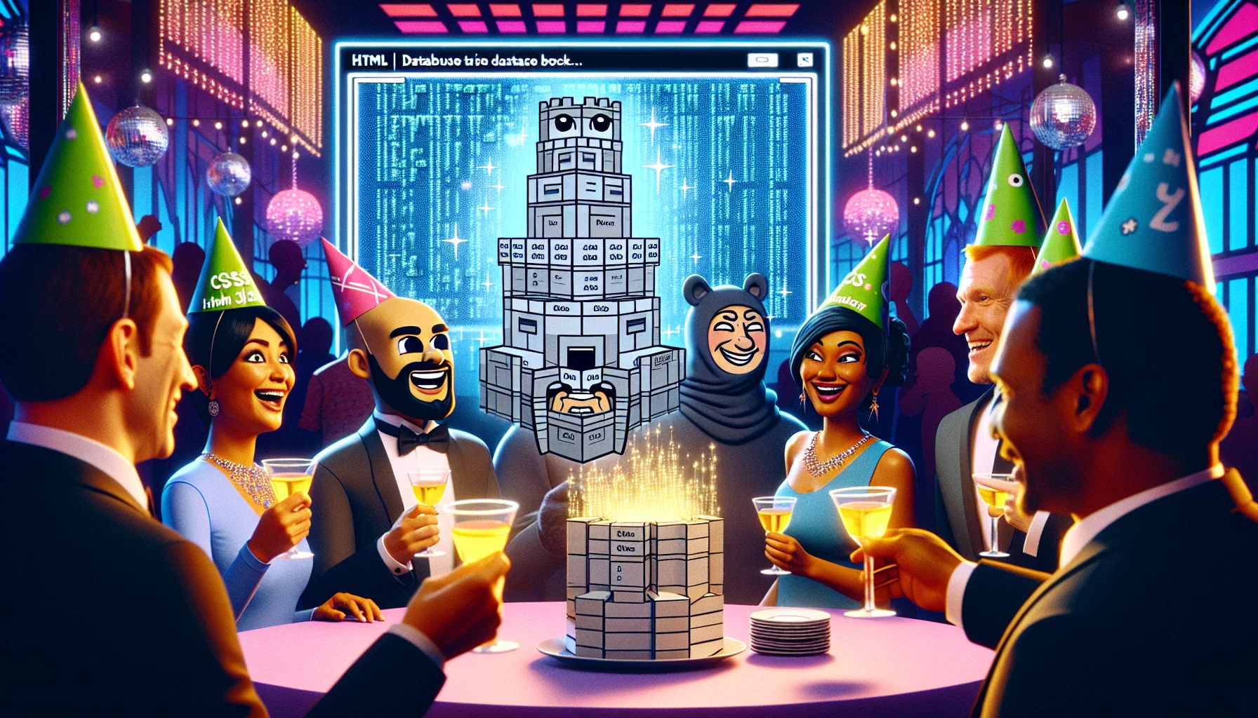 In a humorous twist, imagine a web hosting party set in a vibrant, lively setting with glowing disco lights. There's a large, digital screen displaying a sophisticated, animated website builder program. The program has anthropomorphic features and is comically engaged in building a virtual 'database castle,' each brick representing data blocks. The castle sparkles with every data addition, eliciting cheer and laughter from a diverse crowd of enthusiastic onlookers. Among them you'll see a Middle-Eastern woman and a Black man, both professional web developers, wearing novelty 'HTML' and 'CSS' party hats, chuckling at the spectacle and clinking their glasses in a festive toast.