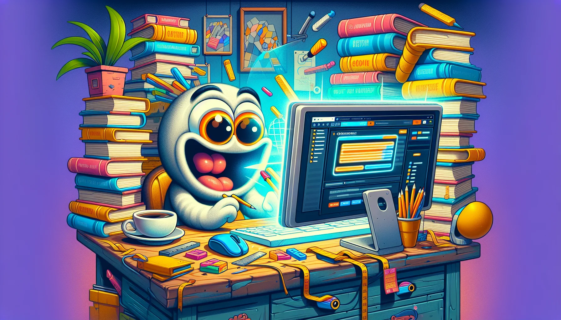 Create a humorous and enticing image of an abstract character happily engaged in a web hosting tutorial using a generic website builder. They are sitting at a vintage desk, surrounded by stacks of colorful books about web development. The computer screen shows a glowing web page under construction with all the possible tools. There are humorous elements in the scene, like a coffee cup spilling over the desk, a surprised cat looking at the screen, and a plant bending towards the computer as if intrigued. The image conveys the fun and satisfaction of building a website with a user-friendly tool.