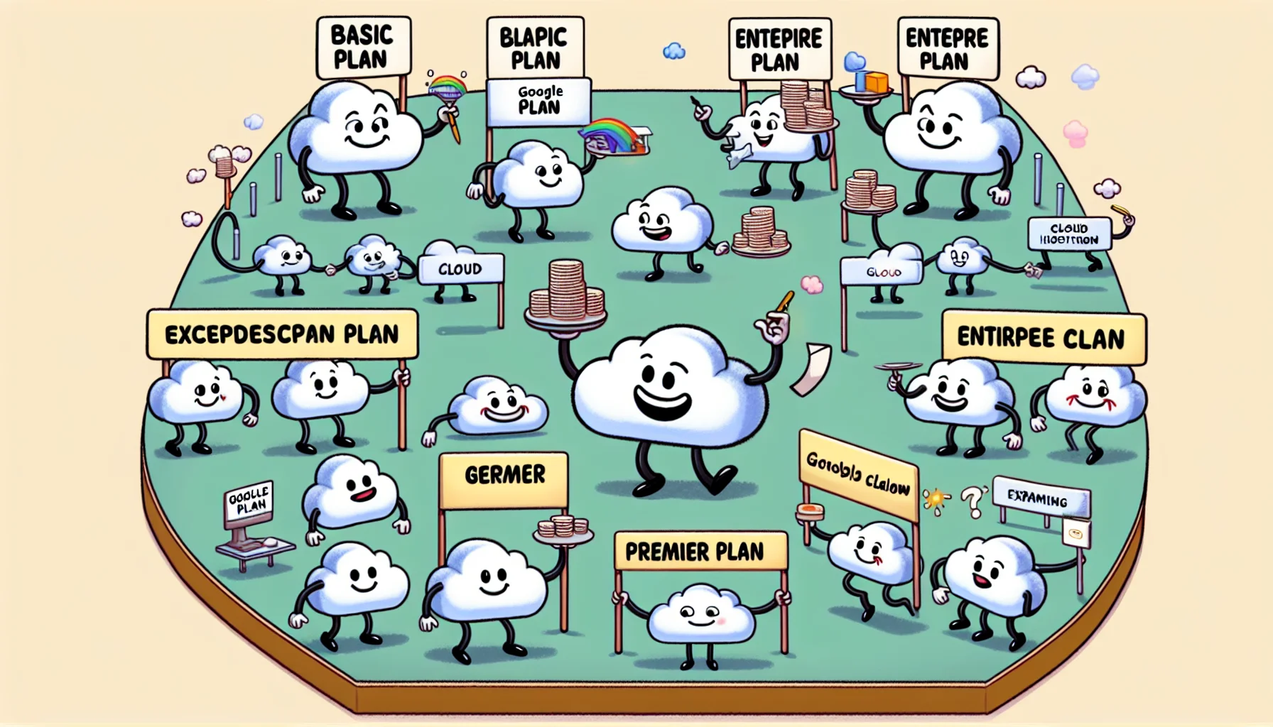 Picture an amusing scene where a group of cartoon clouds, each marked with a label for different Google Cloud hosting plans, appear to be hosting a friendly competition. A Basic Plan cloud, an Enterprise Plan cloud, and a Premier Plan cloud are all engaged in activities reflective of their plan's features. The Basic Plan cloud is managing simple tasks with a smile, the Enterprise Plan cloud is performing complex tasks with finesse, and the Premier Plan cloud is going the extra mile, juggling numerous complex tasks, all with a big grin on its face, indicating exceptional service and capabilities.