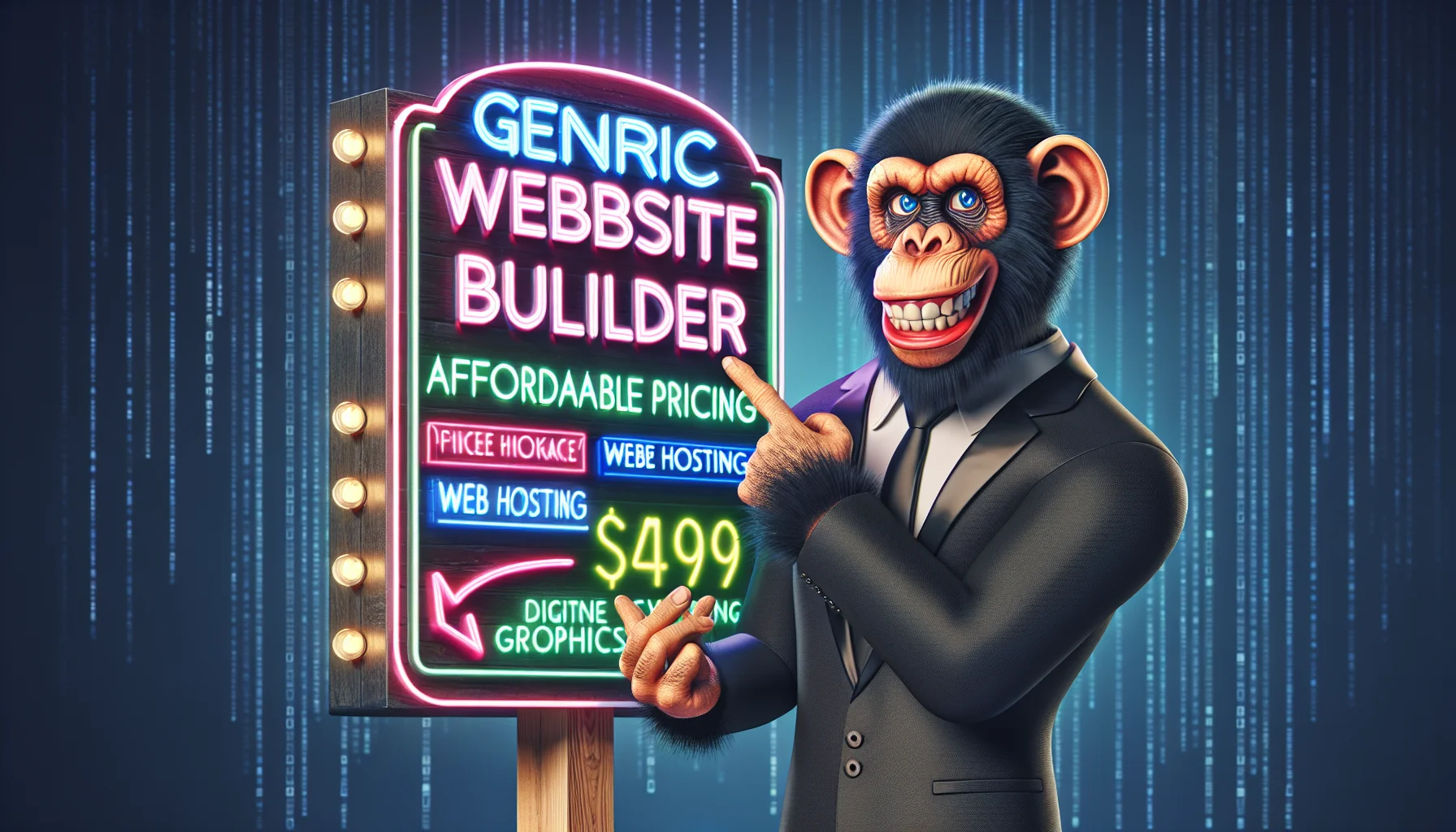 Conjure up a humorous and attention-grabbing scenario revolving around the pricing of a generic chimpanzee-themed website builder. In this imagery, include the anthropomorphic, playful chimpanzee cartoon character in a suit, acting as a digital salesman. The chimp pointing to a flashy neon sign that hilariously exaggerates the affordable pricing benefits, quirkily designed to be reminiscent of classic roadside attractions. Meanwhile, a digital matrix in the background symbolizes web hosting. Remember to emphasize enticing graphics around the online process of website building.