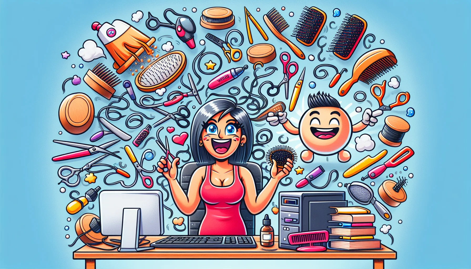 Depict a comical scenario where a busy web designer, creative, Hispanic woman is surrounded by a flurry of quirky hairdressing tools like scissors, hairdryers, and combs flying around, constructing a hair salon themed website. In the corner, a web hosting logo turns into a happy and supportive entity, grinning and giving a thumbs up. This funny twist on web development shows the process of building a salon website subtly highlighting the easiness and efficiency it can bring to their business.