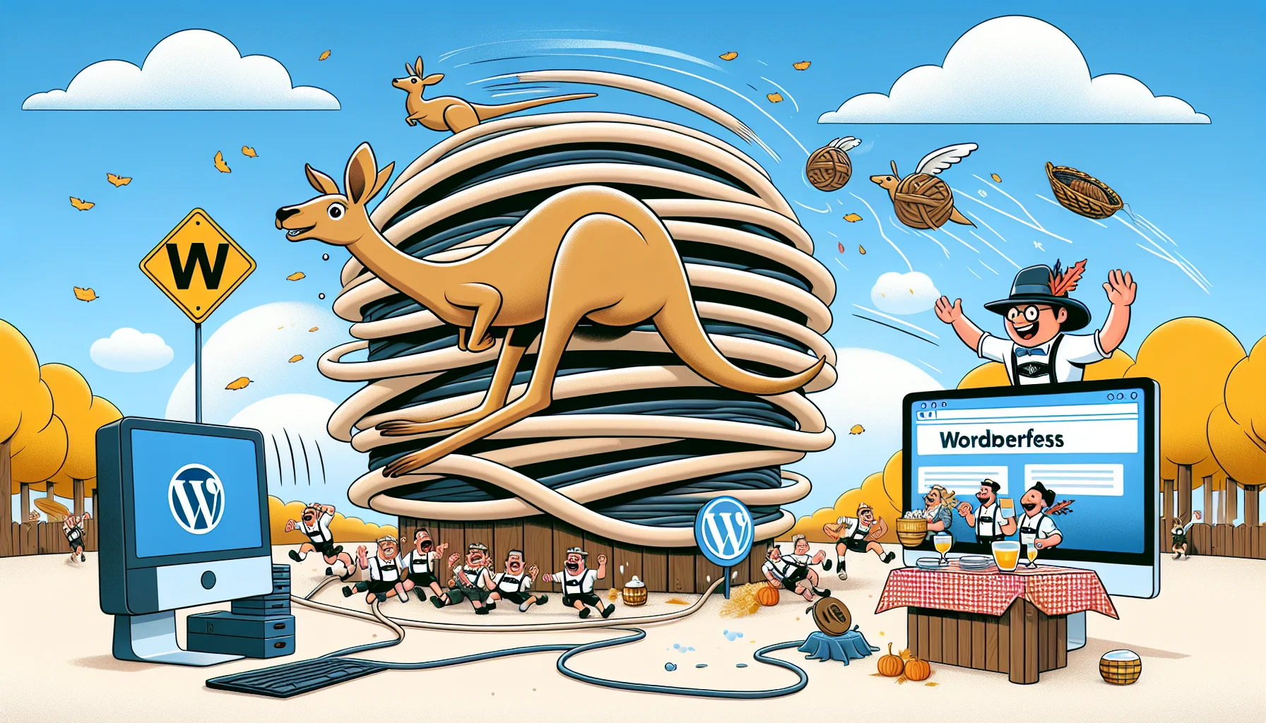 A humorous scene illustrating the concept of WordPress hosting in Germany. In the middle of the image, a kangaroo symbolizing fast server speed is leaping over a large network of knots and wires, depicting internet connectivity. An Oktoberfest banner hangs in the background, signifying Germany. Adjacent to the kangaroo, a computer screen shows a cheerful smiley and the WordPress logo, suggesting a user-friendly and efficient hosting service. Extra elements adding to the hilarity can be traditional German dishes confusingly trying to connect to the network cables or Bavarian men trying to dance to the rhythm of continuous data flow.